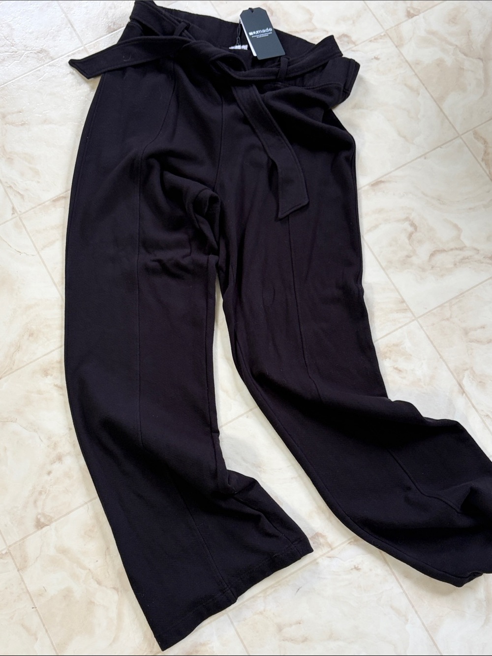 NWT -LA Made Black Wide-Leg High-Rise Pants with Tie Waist